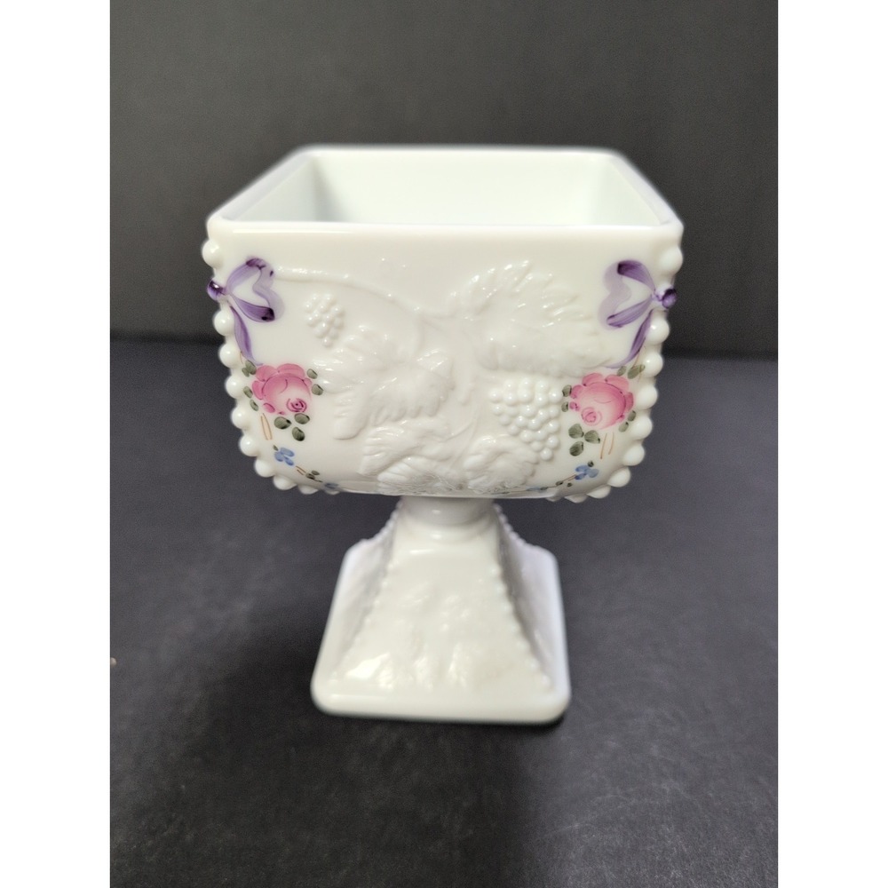 Vintage Westmoreland Milk Glass Brides Bowl Pink Roses - Purple RibbonBeautiful
